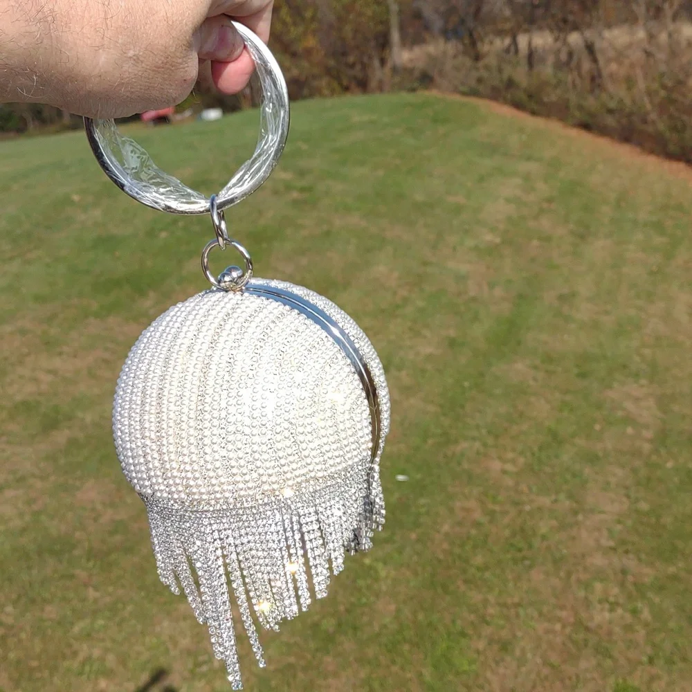 🐧UNIQUE VINTAGE Round Pearl/Rhinestones Flapper Clutch